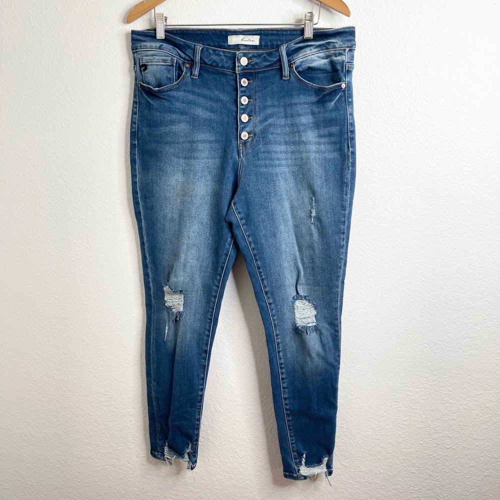 KanCan Womens High Rise‎ Skinny Jeans Medium Wash Distressed Button Fly KC8364M